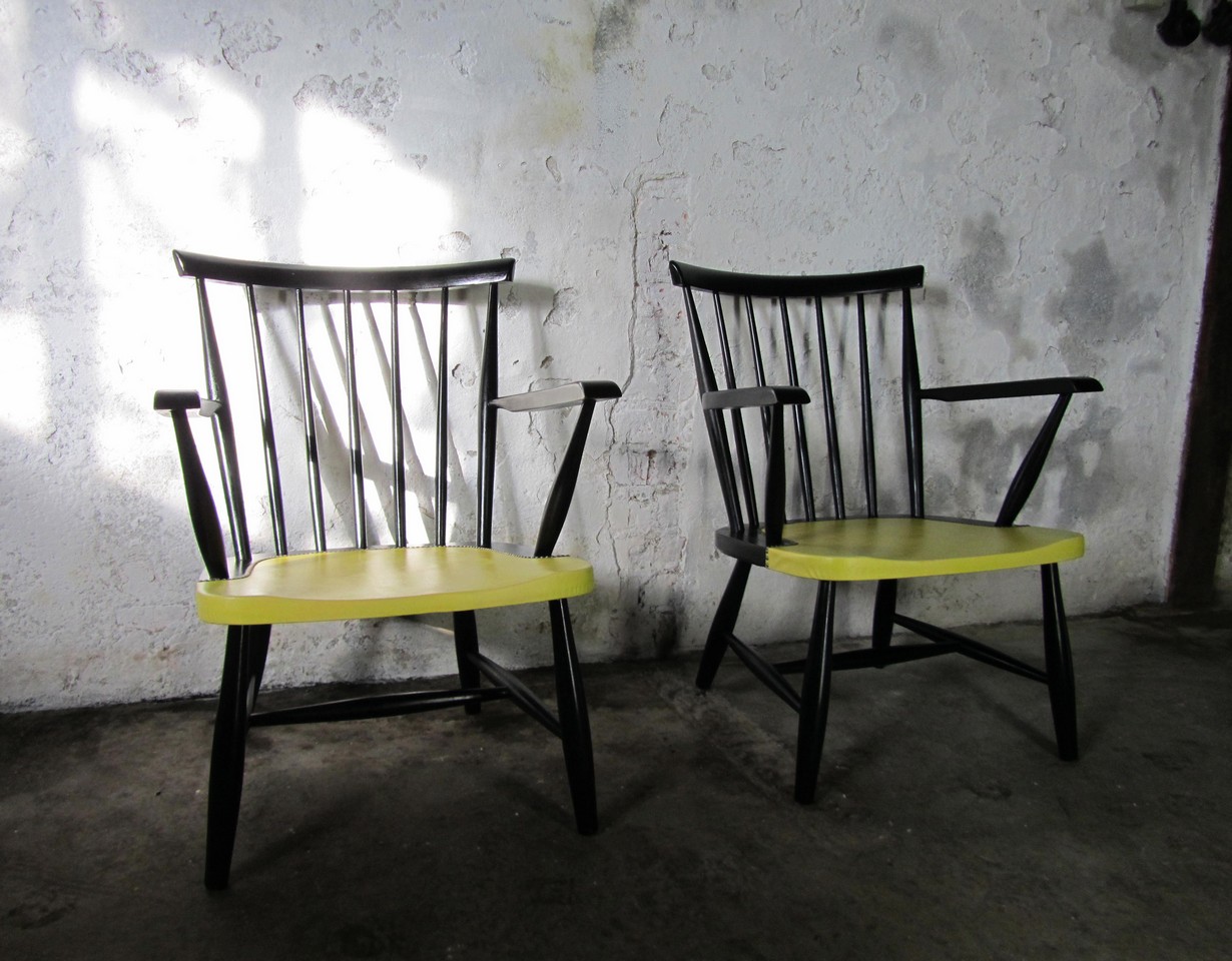 2 spijlen fauteuils, spijlenstoelen, fauteuils Yngve Ekstrom