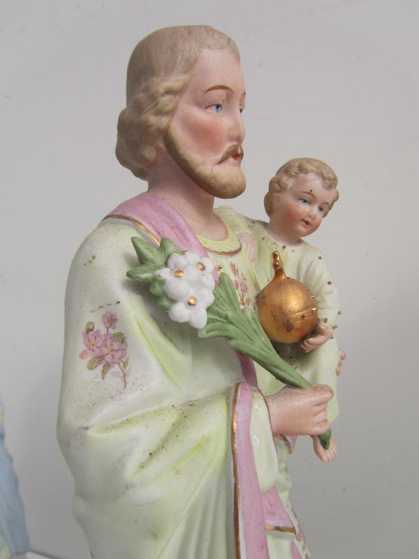 handelaar Verzamelen klep Antieke heilige beelden van biscuit porselein, Vieux Andenne, Josef met kind