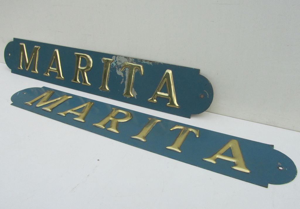 marita, oude, vintage, ijzeren, platen, naamborden, bronzen, letters, ships, sign, plaque,metal, nautical,  maritime