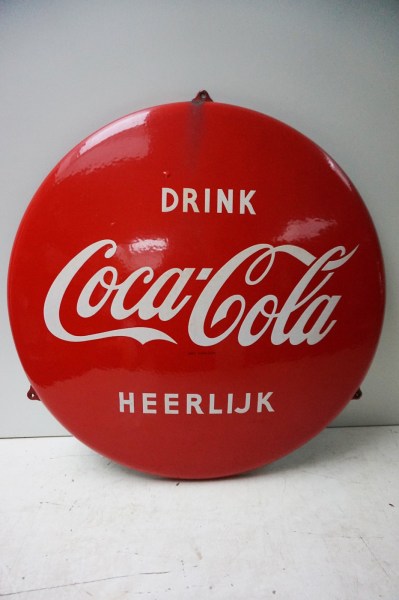 Coca-cola-emaille-bord-reclamebord-rond-Langcat-Bussum-drink-heerlijk-gedep-handelsmerk-enamel-advertising-sign-button-