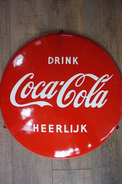 Coca-cola-emaille-bord-reclamebord-rond-Langcat-Bussum-drink-heerlijk-gedep-handelsmerk-enamel-advertising-sign-button-