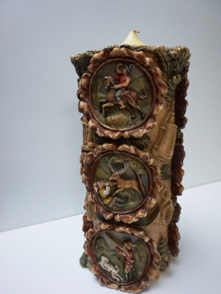 German-candle-vintage-Johan-Gunter-Kerzen-hand-carved-painted-wax-large-Black-Forest-hunting-scene-grote-kaars-jacht