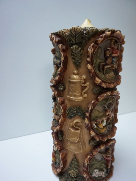 German-candle-vintage-Johan-Gunter-Kerzen-hand-carved-painted-wax-large-Black-Forest-hunting-scene-grote-kaars-jacht