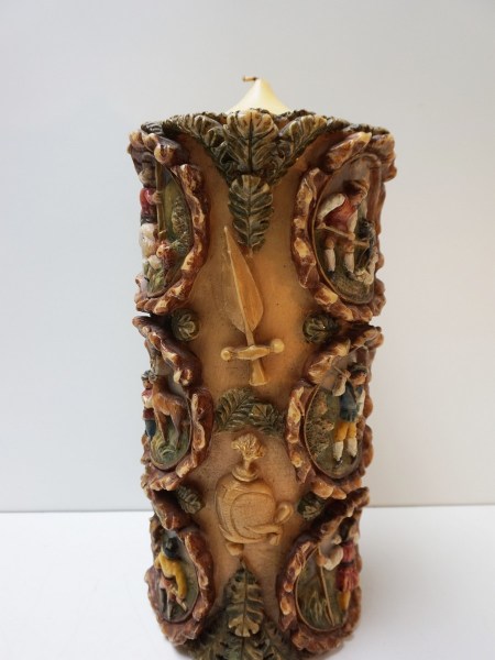 German-candle-vintage-Johan-Gunter-Kerzen-hand-carved-painted-wax-large-Black-Forest-hunting-scene-grote-kaars-jacht