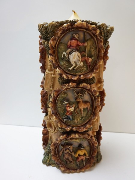German-candle-vintage-Johan-Gunter-Kerzen-hand-carved-painted-wax-large-Black-Forest-hunting-scene-grote-kaars-jacht