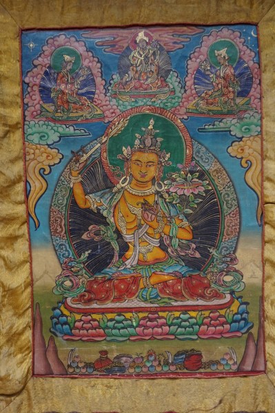 Thangka-Tibetan-old-Manjushri-wisdom-bodhisattva-wijsheid-hinduism-Buddhism-schildering-Nepal-antiek-00007