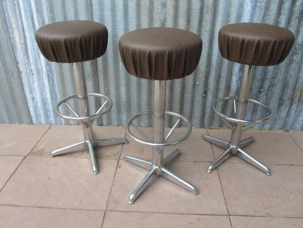 vintage, ronde, barkrukken, jaren, 60, verchroomd, staal, bruine, skai, bar, stools