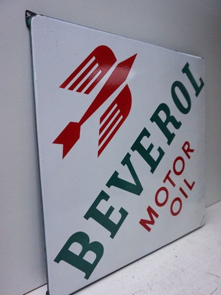 Emaille-reclame-bord Beverol-Motor-Oil-Bussum-Langcat-enamel-sign