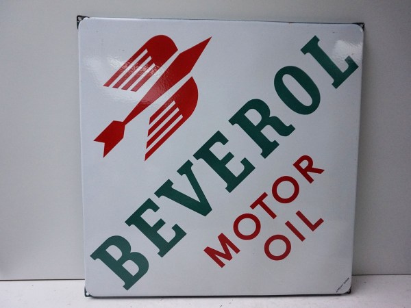 Emaille-reclame-bord Beverol-Motor-Oil-Bussum-Langcat-enamel-sign