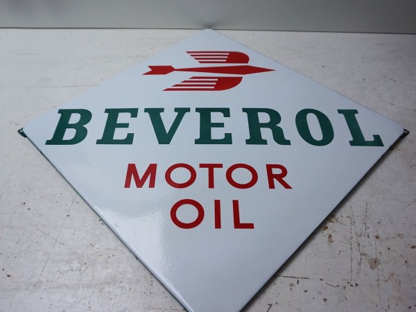 Emaille-reclame-bord Beverol-Motor-Oil-Bussum-Langcat-enamel-sign