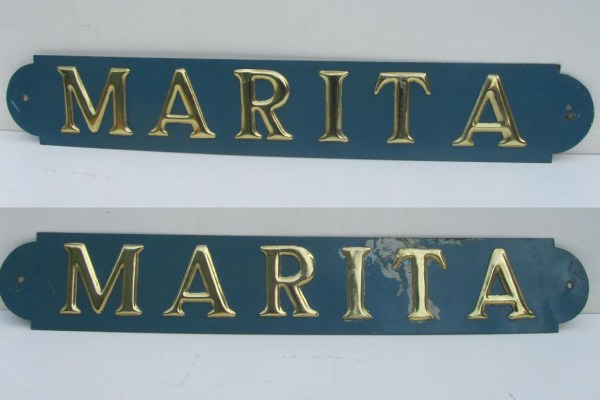 marita, oude, vintage, beschilderde, ijzeren, platen, naamborden, bronzen, letters