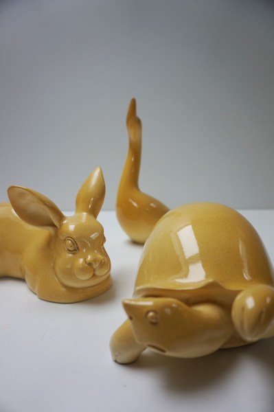 vintage-stonelite-Prof-Bessi-Guiseppe-Italy-dieren-figuren-konijn-schildpad-zwaan-mid-century-rabbit-turtle-swan