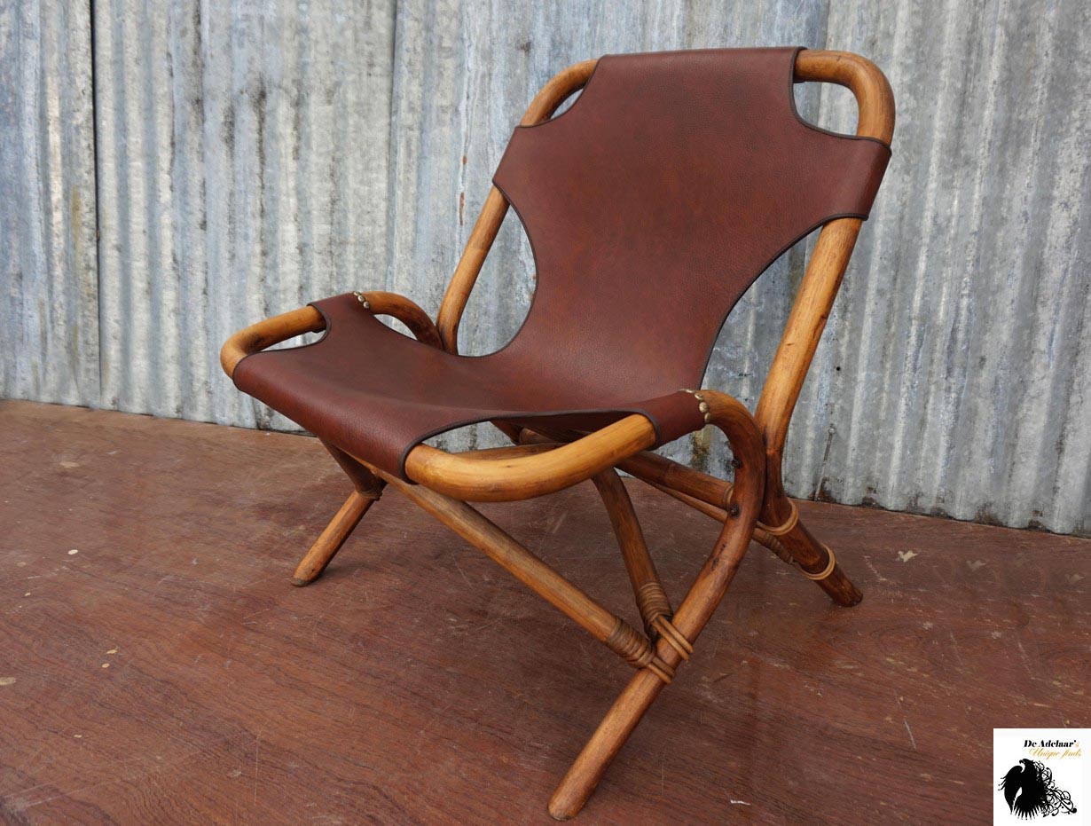 Wegrijden Eik Inwoner Vintage skai lounge fauteuil met bamboe frame, jaren 70